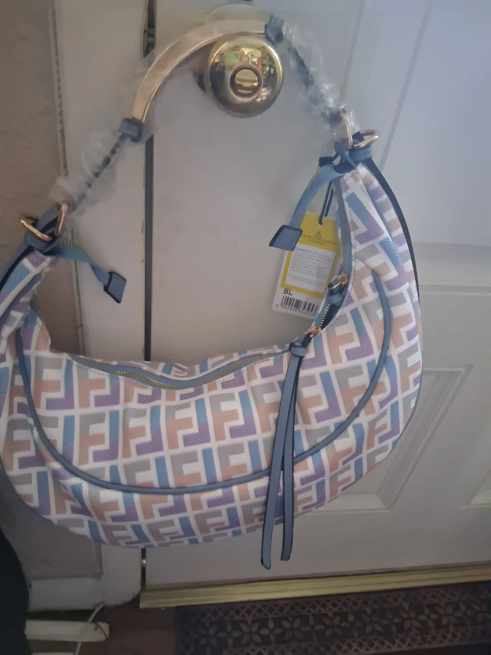 Designer-Inspired Pastel Geometric Hobo Bag - Blue, Lavender & Cream With Wallet